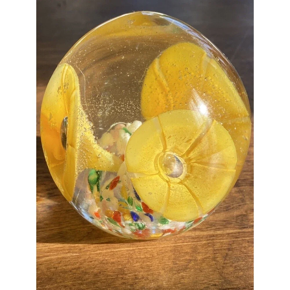 Art Glass Paperweight Yellow Trumpet Flower Blown Bubbles 3” Colorful Floral